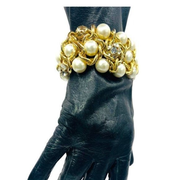 Wide Faux Pearls Crystal Goldtone Weaved Link Stretch Cuff Bridal Mother o Bride - Picture 6 of 10